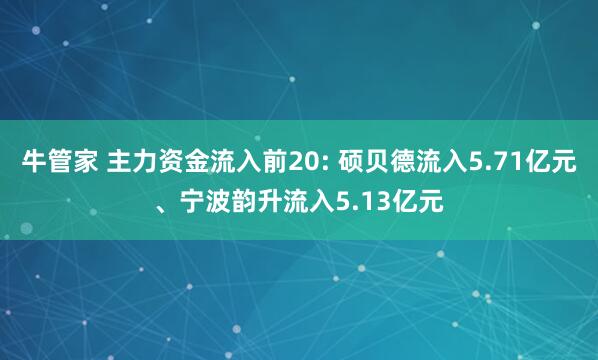 牛管家 主力资金流入前20: 硕贝德流入5.71亿元、宁波韵升流入5.13亿元